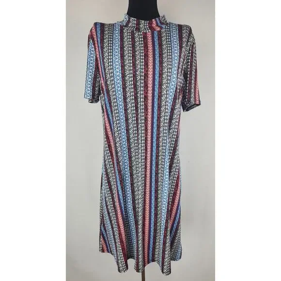 BCB Generation Dress Womens L Striped mock neck boho shift funky fun festival - Picture 3 of 11